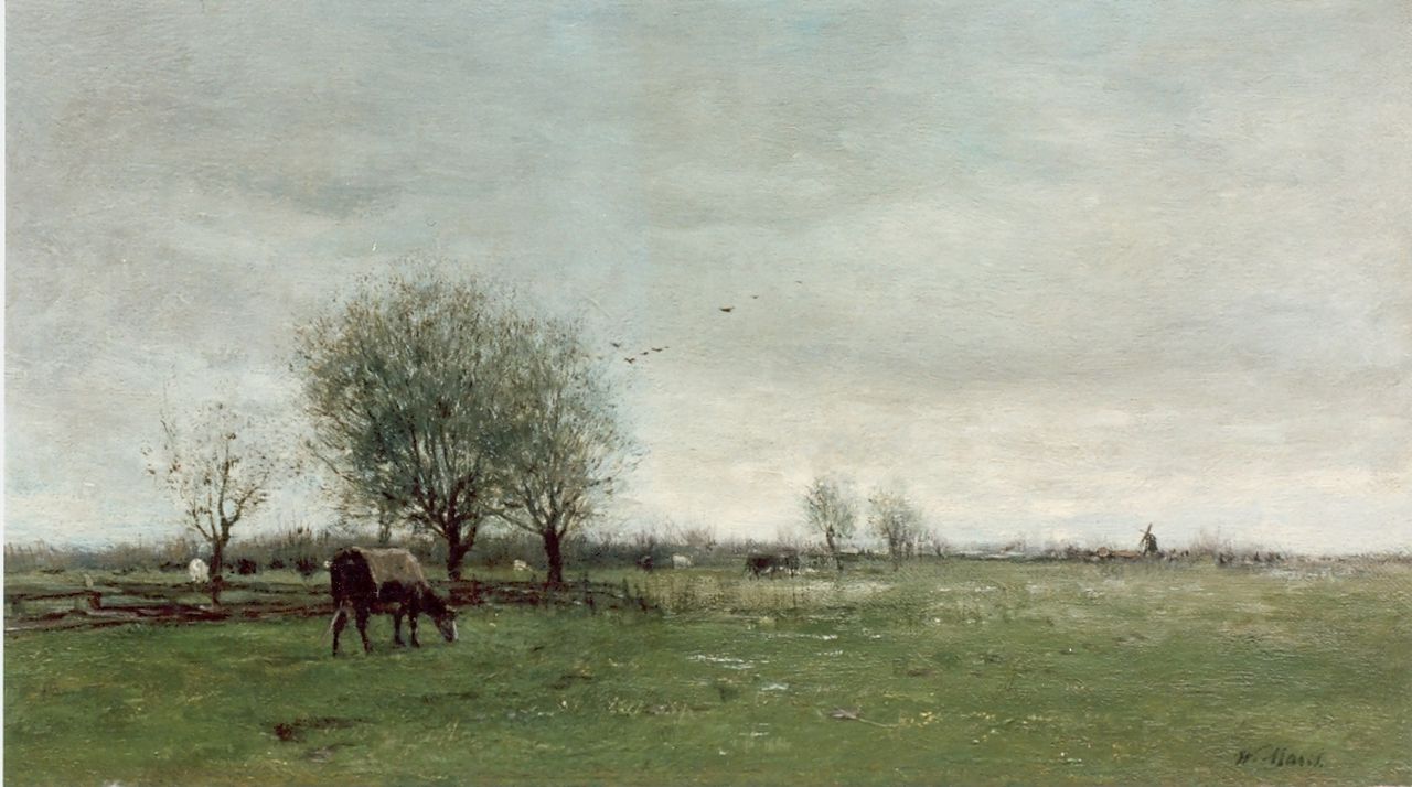 Maris W.  | Willem Maris, Polder landscape, oil on canvas 23.4 x 42.0 cm, signed l.r.