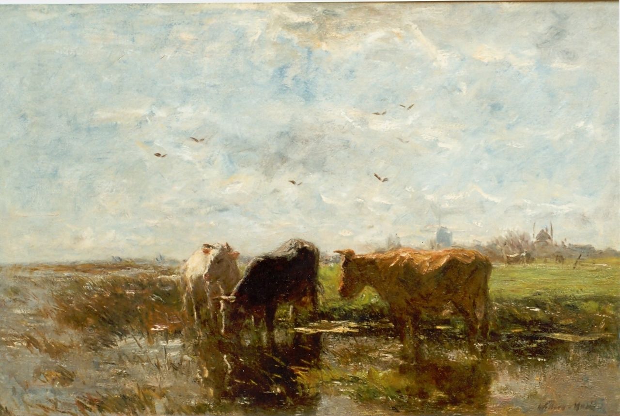 Maris W.  | Willem Maris, Watering cows in a polder landscape, oil on canvas 58.0 x 88.0 cm, signed l.r.