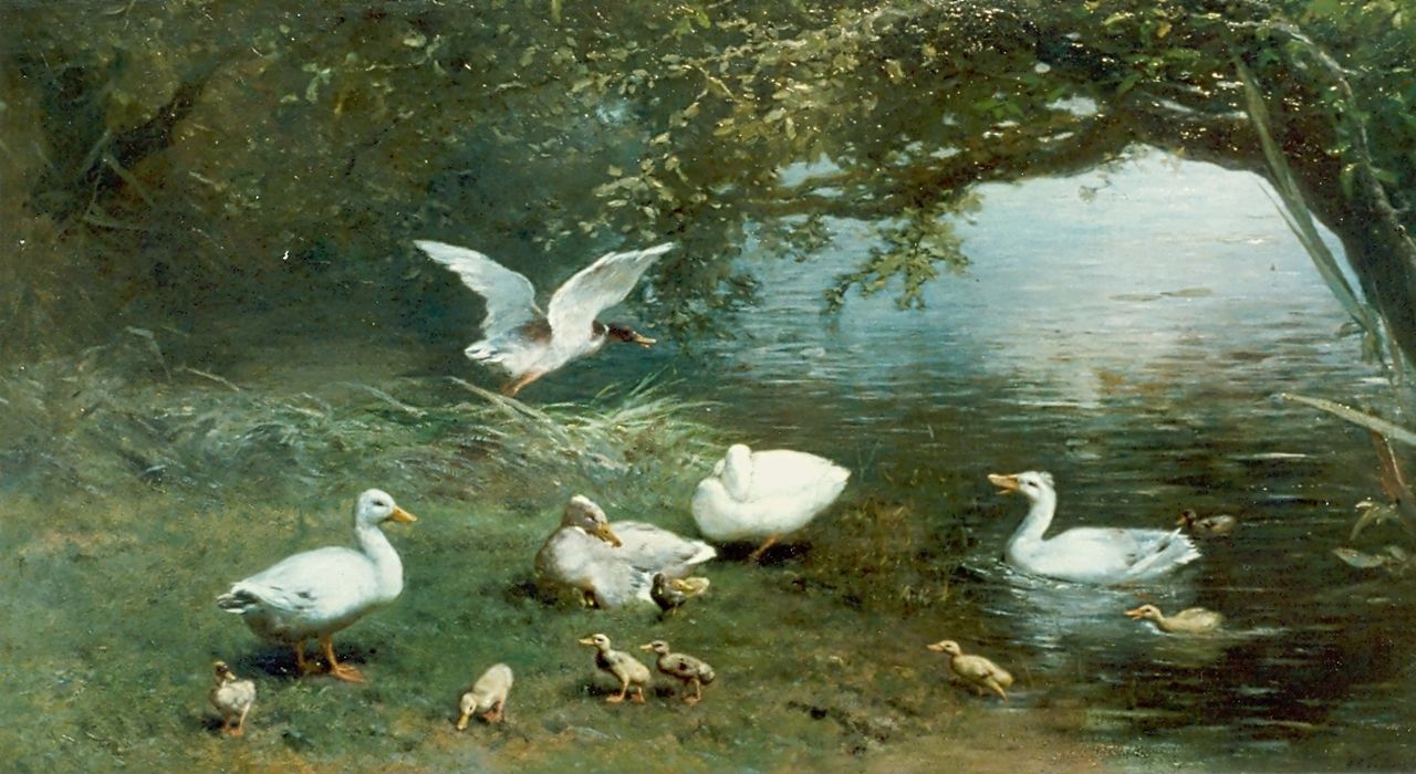 Maris W.  | Willem Maris, Ducks on the riverbank, oil on canvas 56.0 x 111.0 cm, signed l.r. and dated 1870