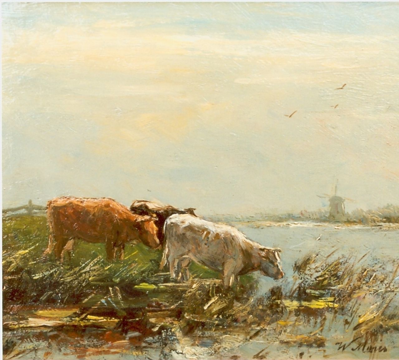 Maris W.  | Willem Maris, Cows on the riverbank, oil on panel 15.0 x 18.3 cm, signed l.r.