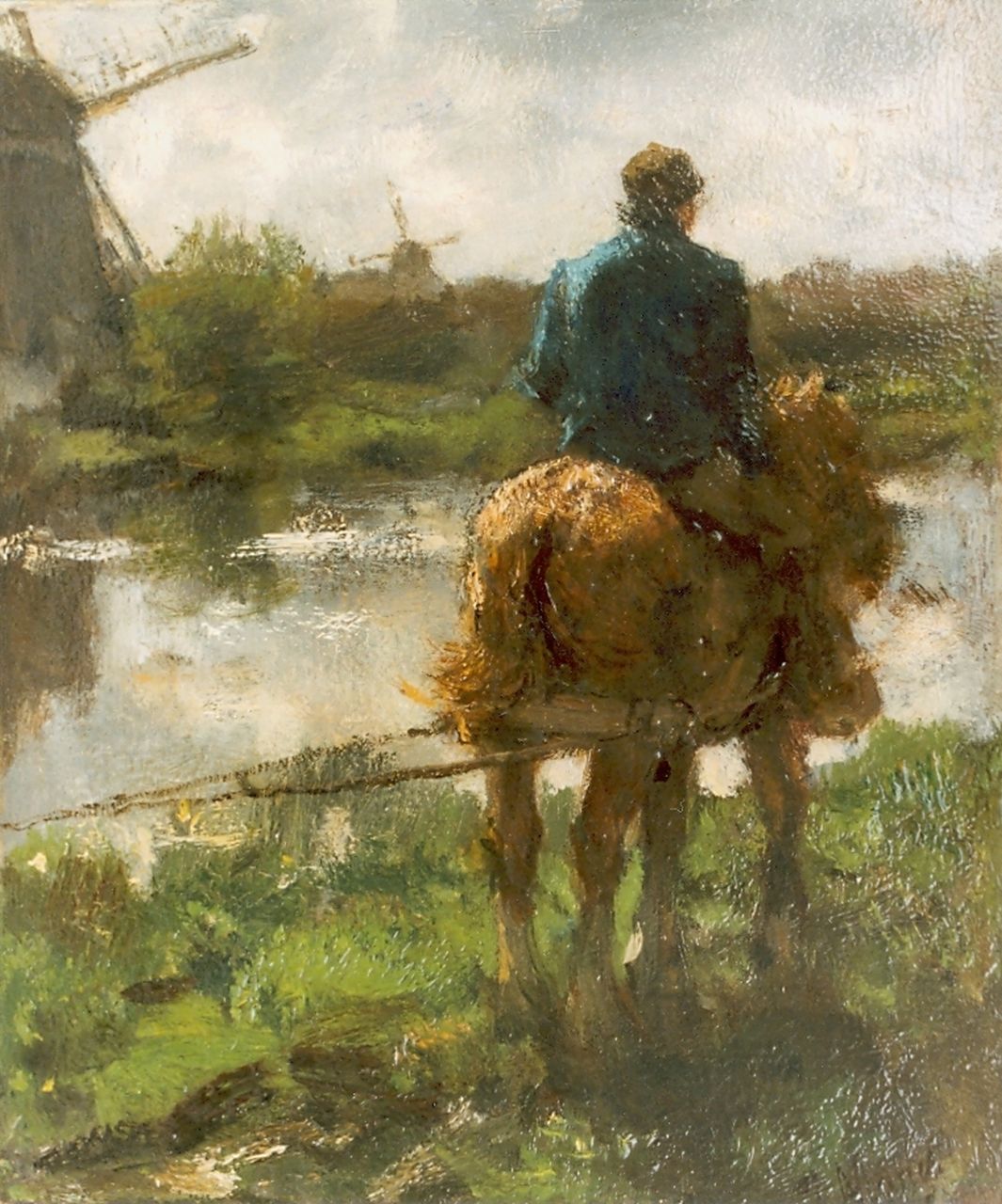 Maris J.H.  | Jacobus Hendricus 'Jacob' Maris, A polder landscape with a rider on a path, oil on panel 26.7 x 22.5 cm, signed l.r.