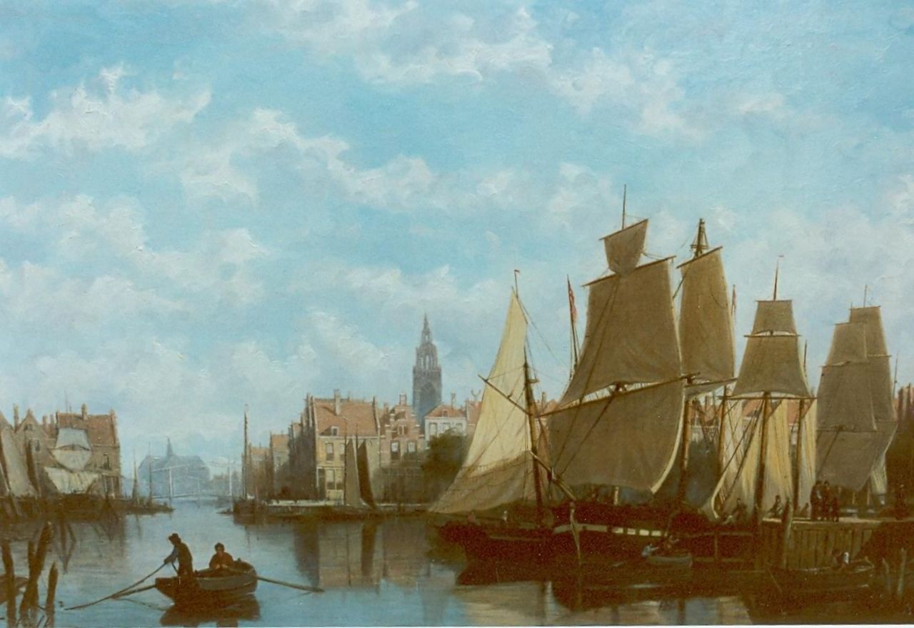 Hulk sr. J.F.  | Johannes Frederik Hulk sr., A Dutch town with moored boats, oil on canvas 57.0 x 81.0 cm, signed l.l.