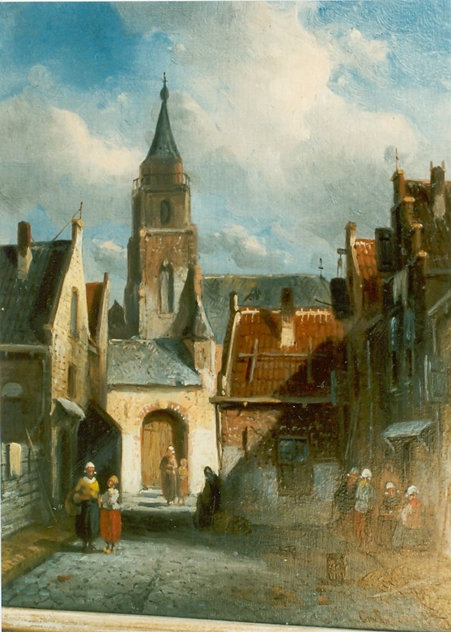 Leickert C.H.J.  | 'Charles' Henri Joseph Leickert, Townscape, oil on panel 24.4 x 18.9 cm, signed l.r.