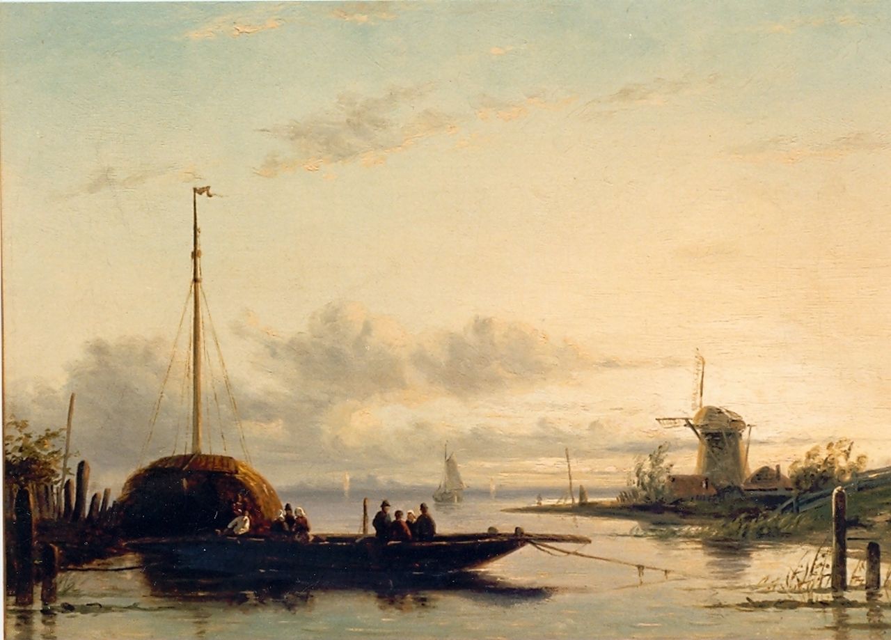 Leickert C.H.J.  | 'Charles' Henri Joseph Leickert, A river landscape at dusk, oil on panel 30.5 x 50.0 cm, signed l.r.