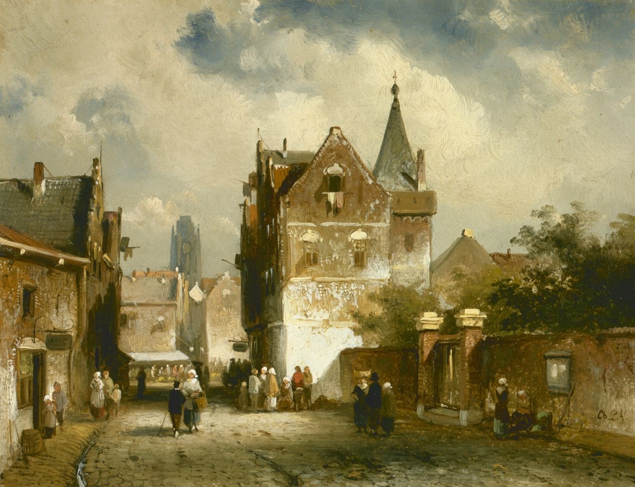 Leickert C.H.J.  | 'Charles' Henri Joseph Leickert, Figures in a sunlit town, oil on panel 14.9 x 19.1 cm, signed l.r.