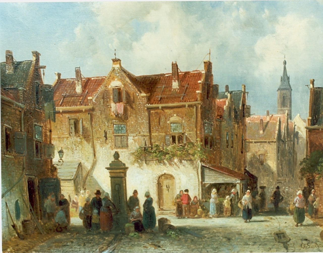 Leickert C.H.J.  | 'Charles' Henri Joseph Leickert, Village square, oil on panel 20.6 x 27.0 cm, signed l.r.