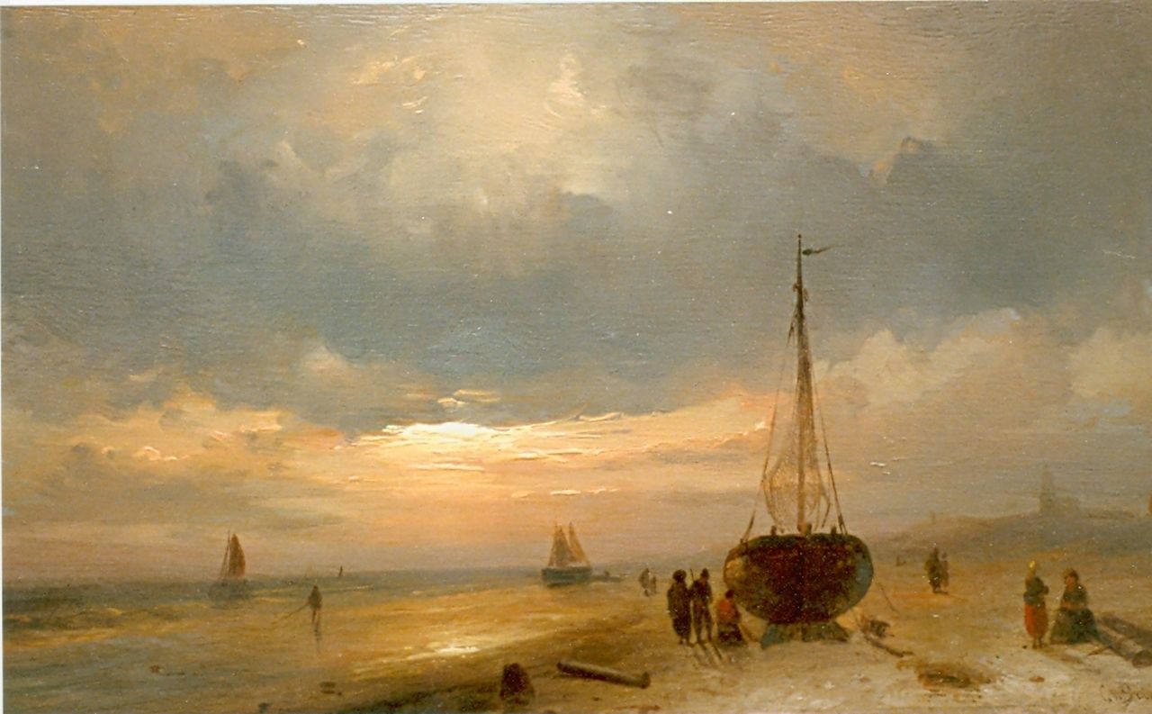 Leickert C.H.J.  | 'Charles' Henri Joseph Leickert, Figures on the beach at sunset, oil on panel 17.3 x 29.8 cm, signed l.r.