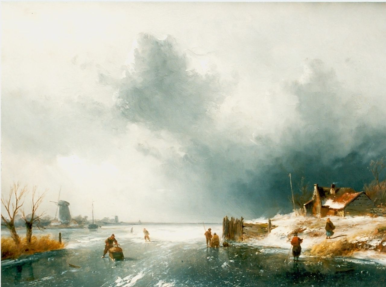 Leickert C.H.J.  | 'Charles' Henri Joseph Leickert, Skaters on a frozen waterway, oil on panel 37.5 x 52.0 cm, signed l.l.