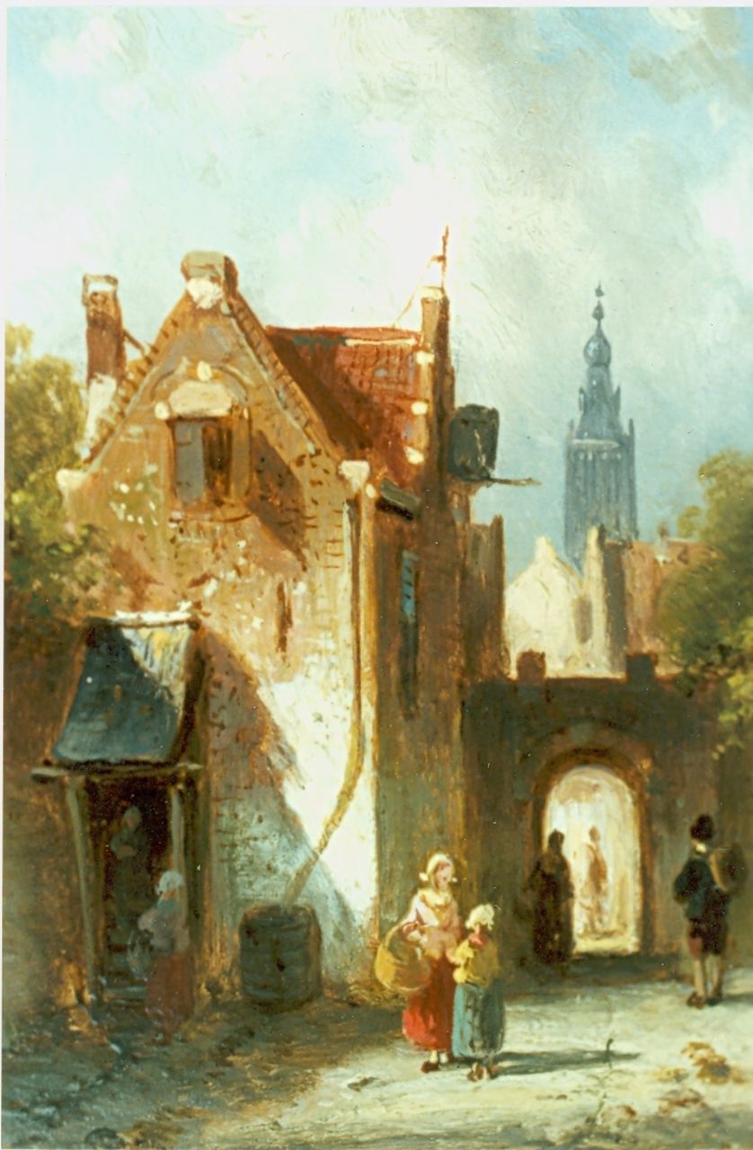 Leickert C.H.J.  | 'Charles' Henri Joseph Leickert, Figures in a sunlit street, oil on panel 11.4 x 9.1 cm, signed l.l.