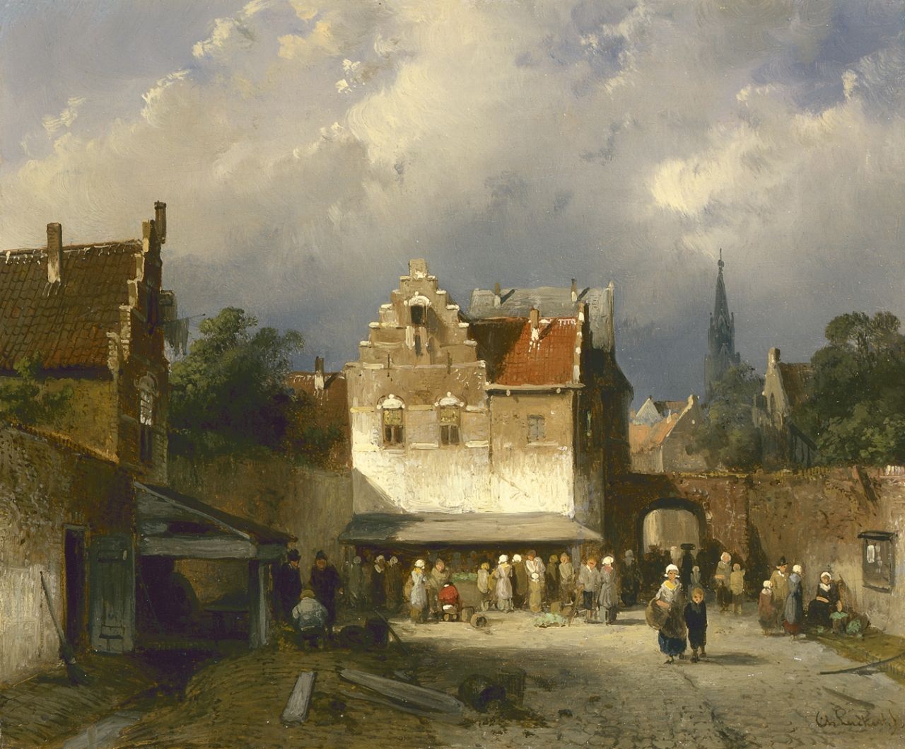 Leickert C.H.J.  | 'Charles' Henri Joseph Leickert, Market day, Amsterdam, oil on panel 17.5 x 20.9 cm, signed l.r.