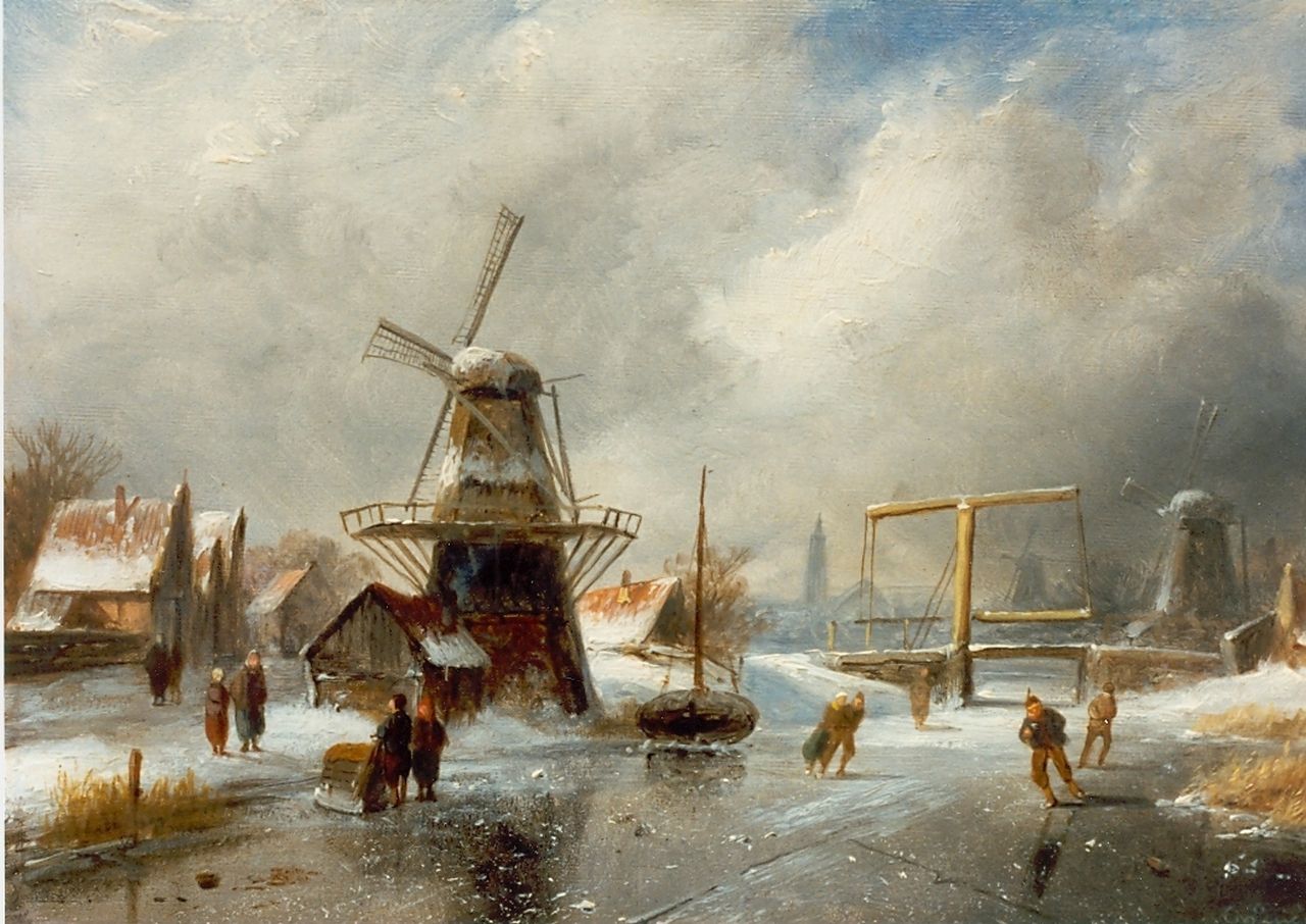 Leickert C.H.J.  | 'Charles' Henri Joseph Leickert, Skaters on the ice, Overtoom Amsterdam, oil on panel 18.0 x 26.5 cm, signed l.r.