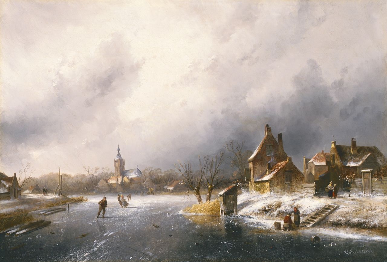 Leickert C.H.J.  | 'Charles' Henri Joseph Leickert, A winter landscape with skaters on the ice, oil on canvas 45.0 x 65.5 cm, signed l.r.