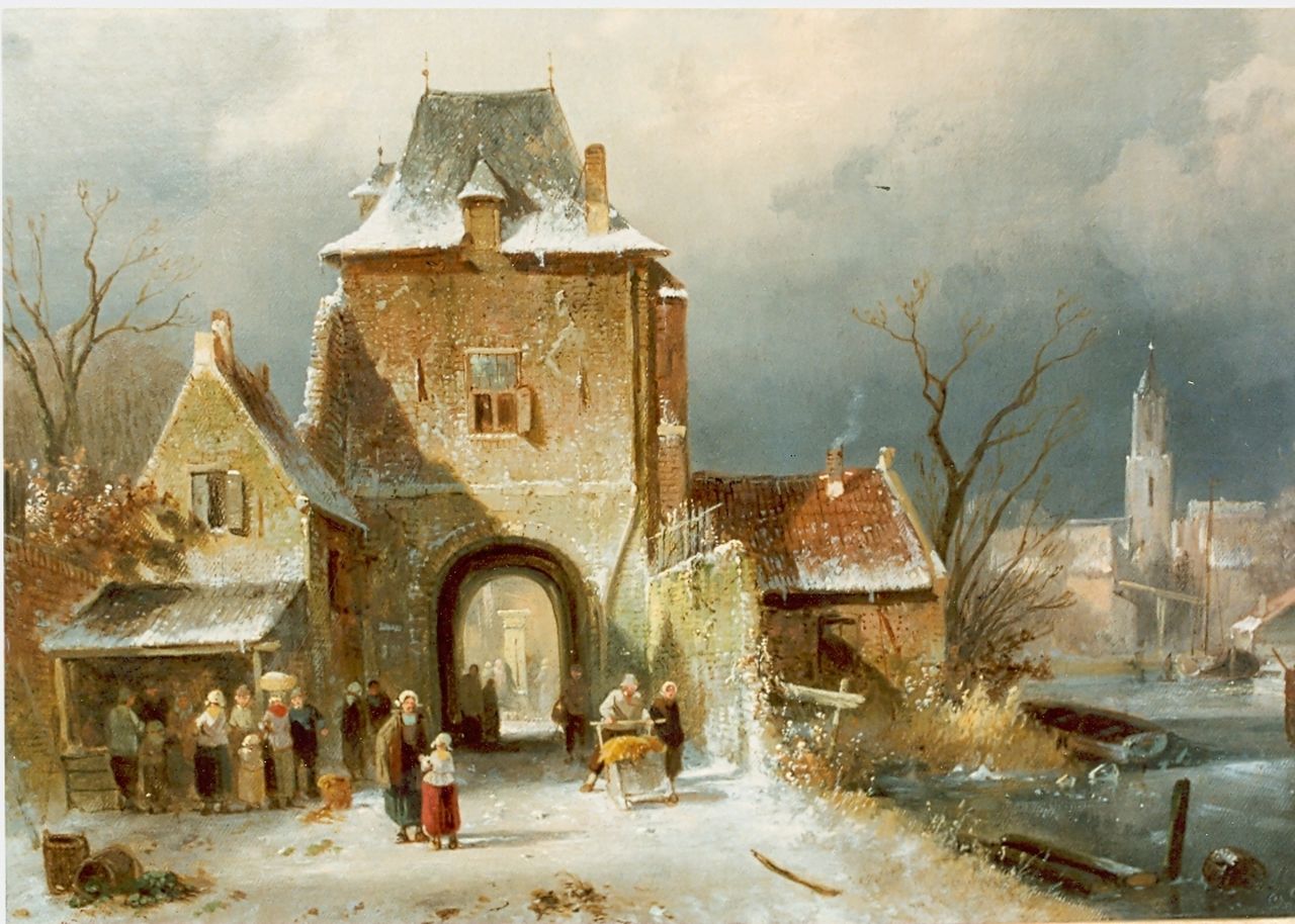 Leickert C.H.J.  | 'Charles' Henri Joseph Leickert, Figures by a town-gate, oil on canvas 30.0 x 36.2 cm, signed l.r.