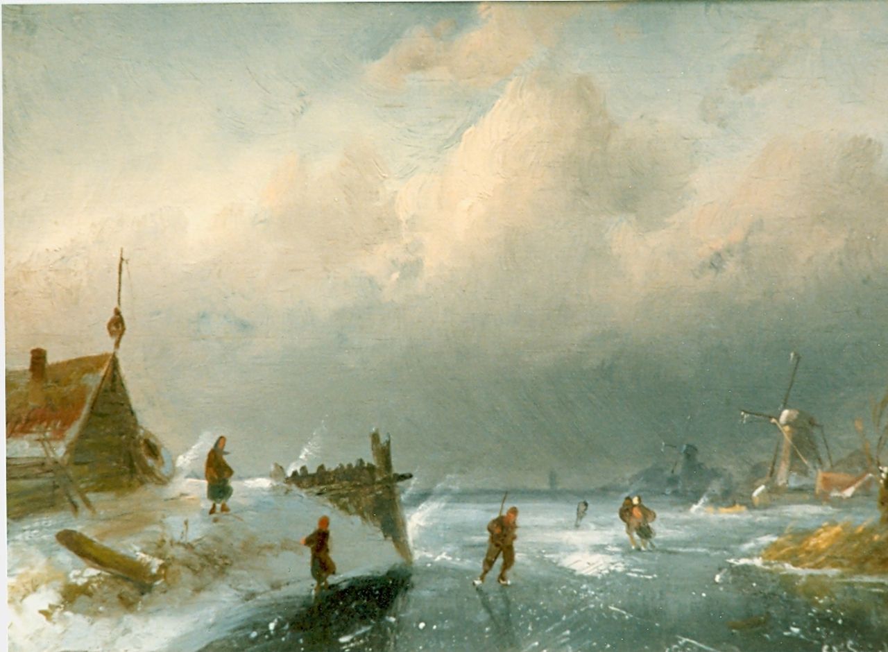 Leickert C.H.J.  | 'Charles' Henri Joseph Leickert, Skaters on a frozen waterway, oil on panel 18.0 x 24.4 cm, signed l.r.