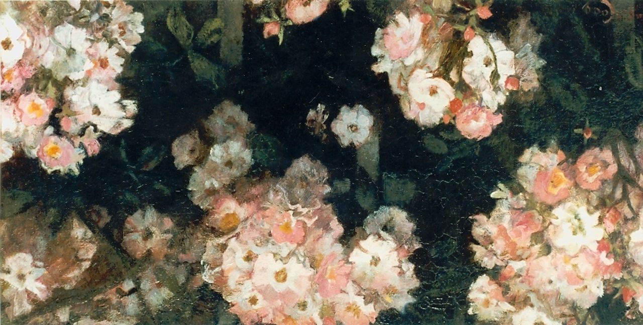 Looy J. van | Jacobus van Looy, Pink flowers, oil on panel 24.7 x 50.2 cm, signed l.l.