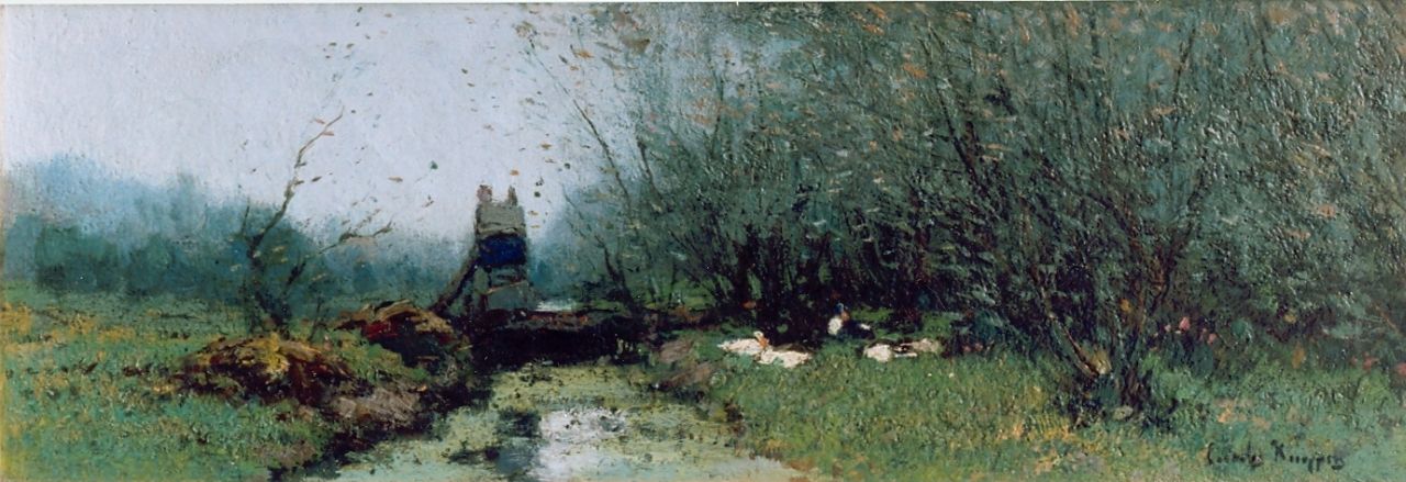 Kuijpers C.  | Cornelis Kuijpers, Ducks in a meadow, oil on canvas 16.0 x 47.0 cm, signed l.r.