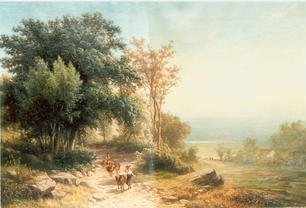 Kruseman van Elten H.D.  | Hendrik Dirk Kruseman van Elten, Travellers in a forest landscape, oil on canvas 68.6 x 106.0 cm, signed l.r. and dated 1866