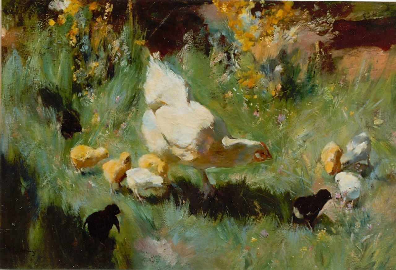 Korteling W.  | Willem Korteling, Hen with chickens, oil on canvas 80.8 x 120.2 cm, signed l.l.