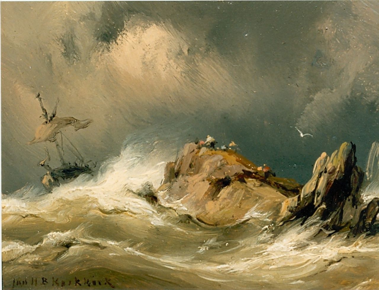 Koekkoek J.H.B.  | Johannes Hermanus Barend 'Jan H.B.' Koekkoek, A vessel in distress, oil on panel 8.4 x 11.1 cm, signed l.l.