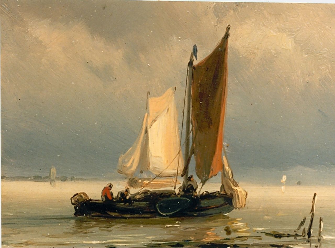 Koekkoek J.H.B.  | Johannes Hermanus Barend 'Jan H.B.' Koekkoek, Sailing boat in a calm, oil on panel 8.3 x 11.0 cm, signed l.l.