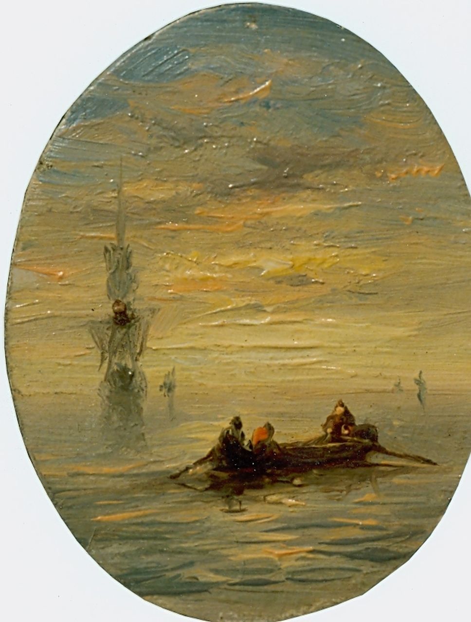Koekkoek J.H.B.  | Johannes Hermanus Barend 'Jan H.B.' Koekkoek, Figures in a barge at sunset, oil on panel