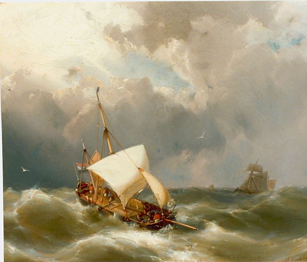 Koekkoek jr. H.  | Hermanus Koekkoek jr., Sailing boat in distress, oil on panel 21.2 x 25.9 cm, signed l.r.