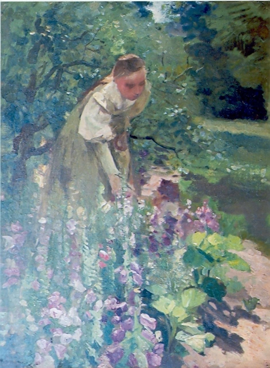 Neuhuys J.A.  | Johannes 'Albert' Neuhuys, Young lady picking flowers, oil on canvas