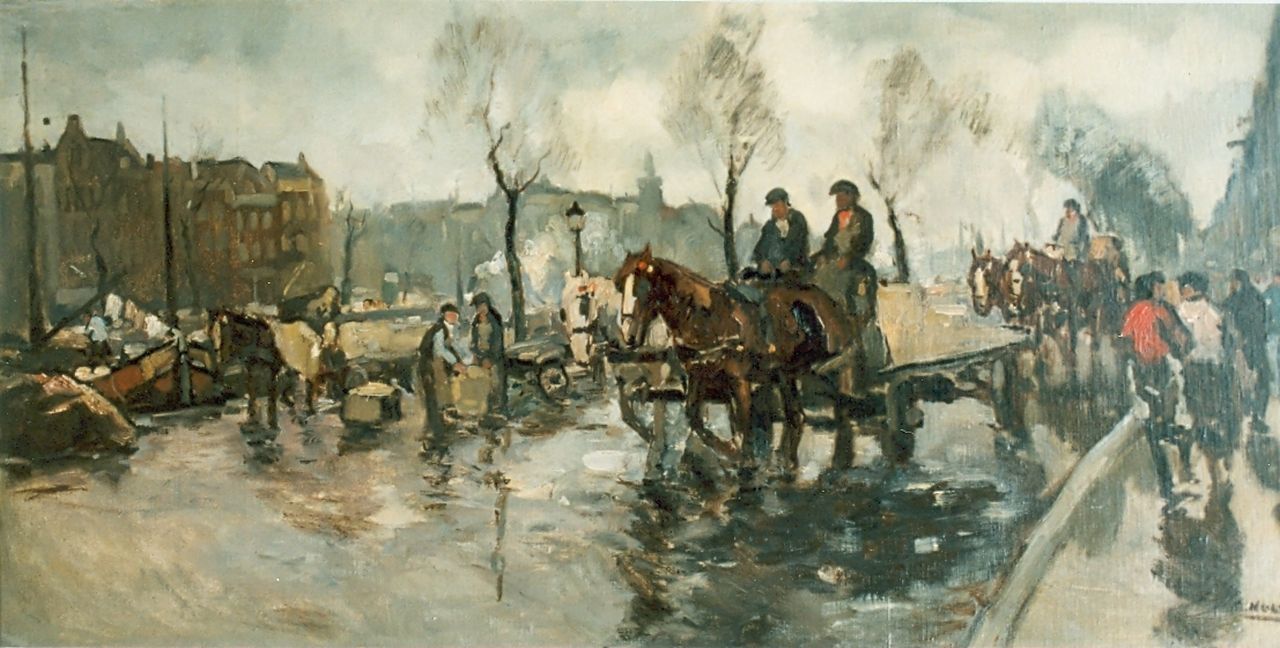 Noltee B.C.  | Bernardus Cornelis 'Cor' Noltee, Horses on canal, oil on canvas 50.0 x 100.0 cm, signed l.r.