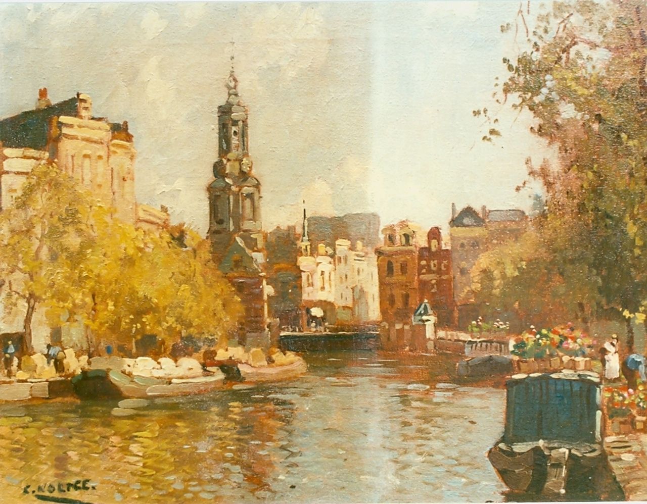 Noltee B.C.  | Bernardus Cornelis 'Cor' Noltee, Moored boats in a canal, Amsterdam, oil on canvas, signed l.l.