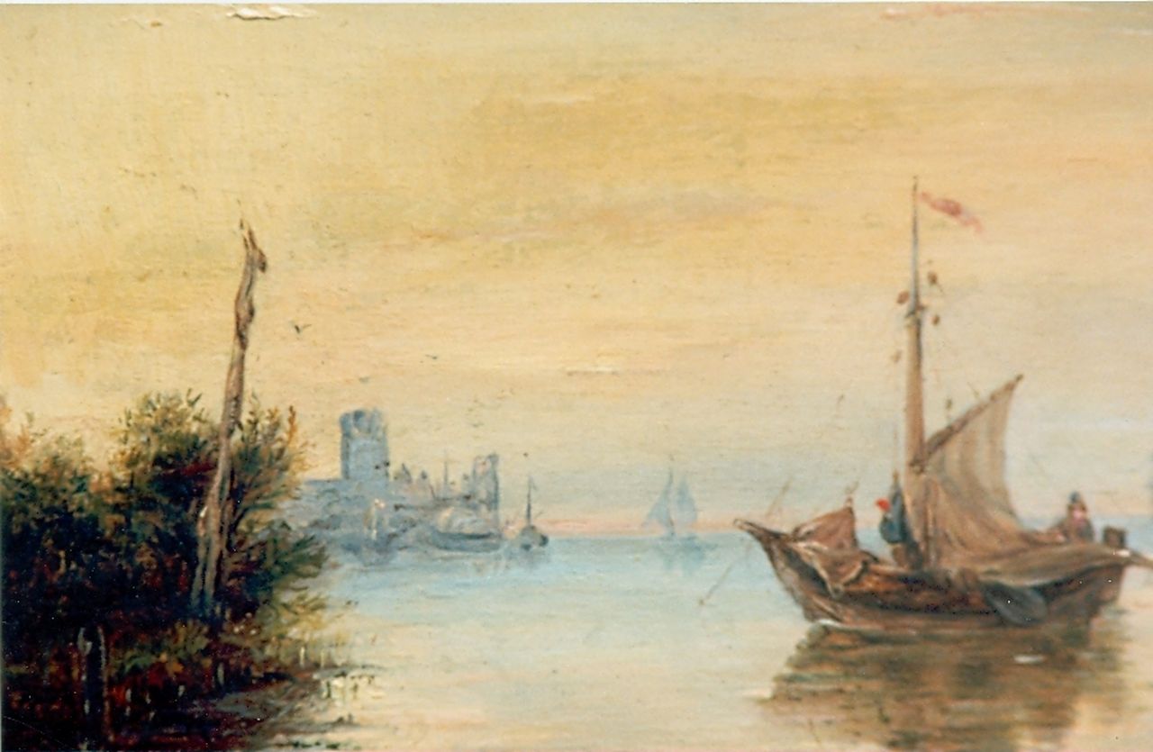 Nuijen W.J.J.  | Wijnandus Johannes Josephus 'Wijnand' Nuijen, A river landscape at dusk, oil on panel