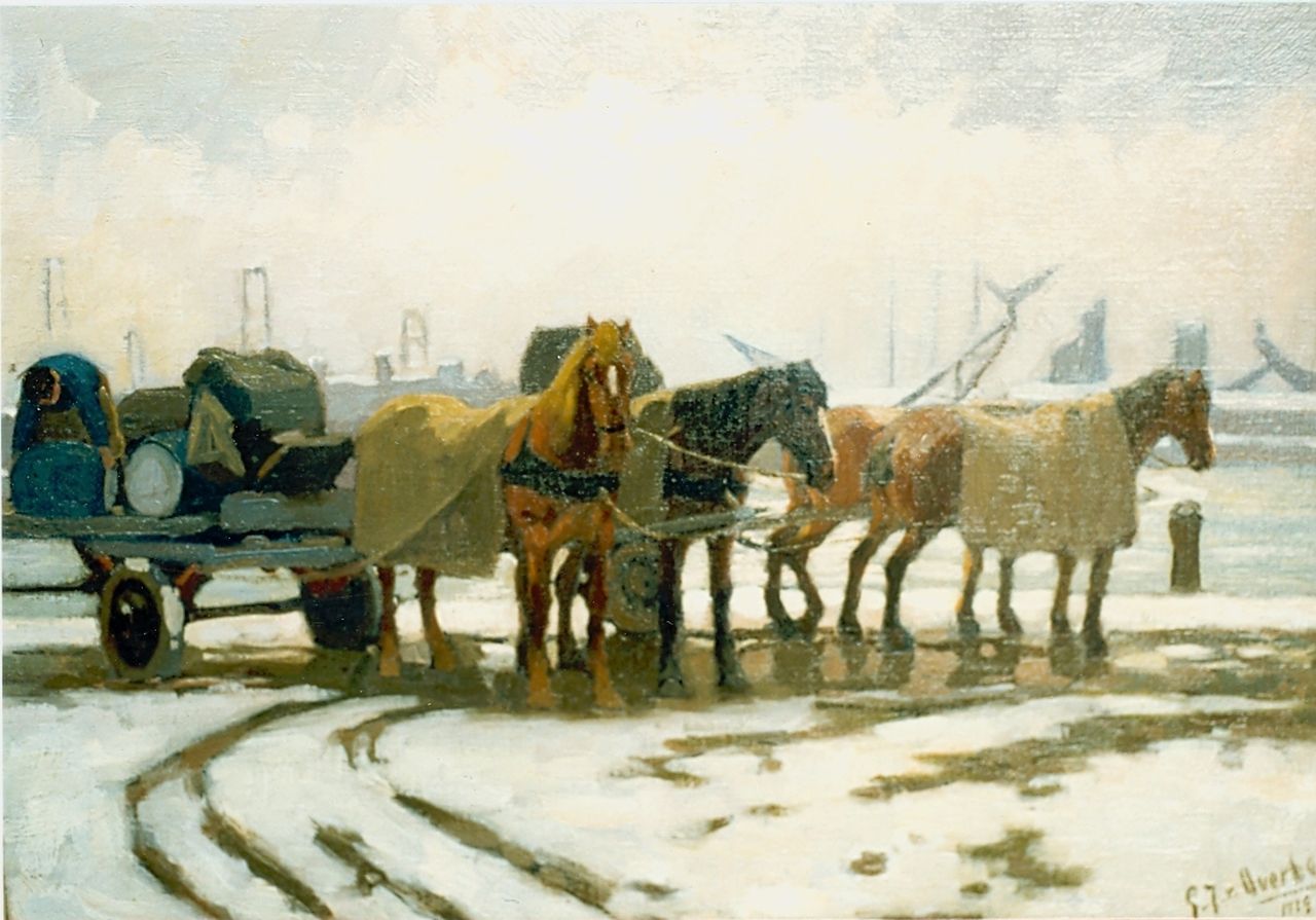 Overbeek G.J. van | Gijsbertus Johannes van Overbeek, Horse-drawn cart in a snow-covered landscape, oil on canvas 35.0 x 50.0 cm, signed l.r. and dated 1919