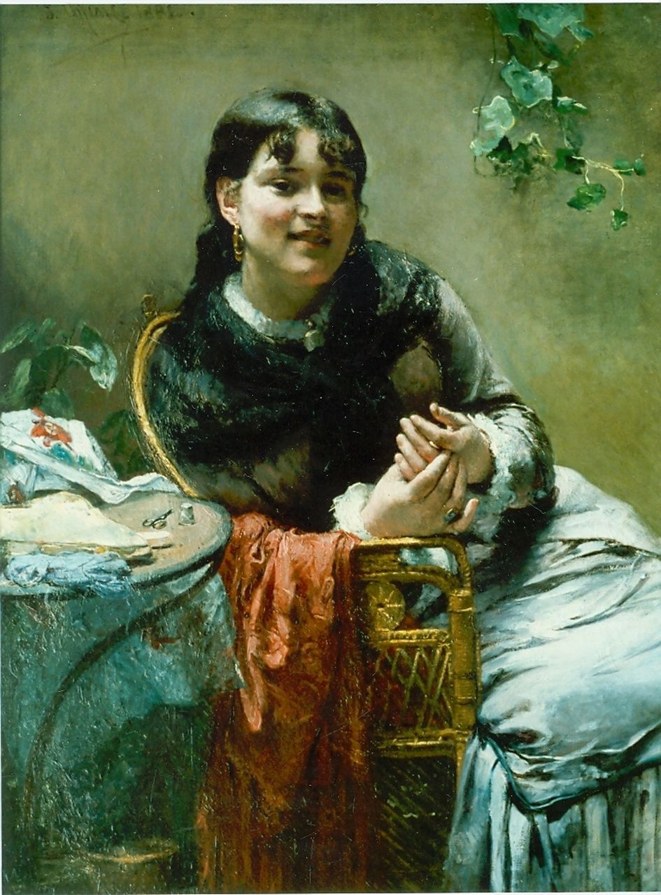 Oyens P.  | Pieter Oyens, Little seamstress, oil on canvas 76.0 x 100.5 cm, signed u.l.