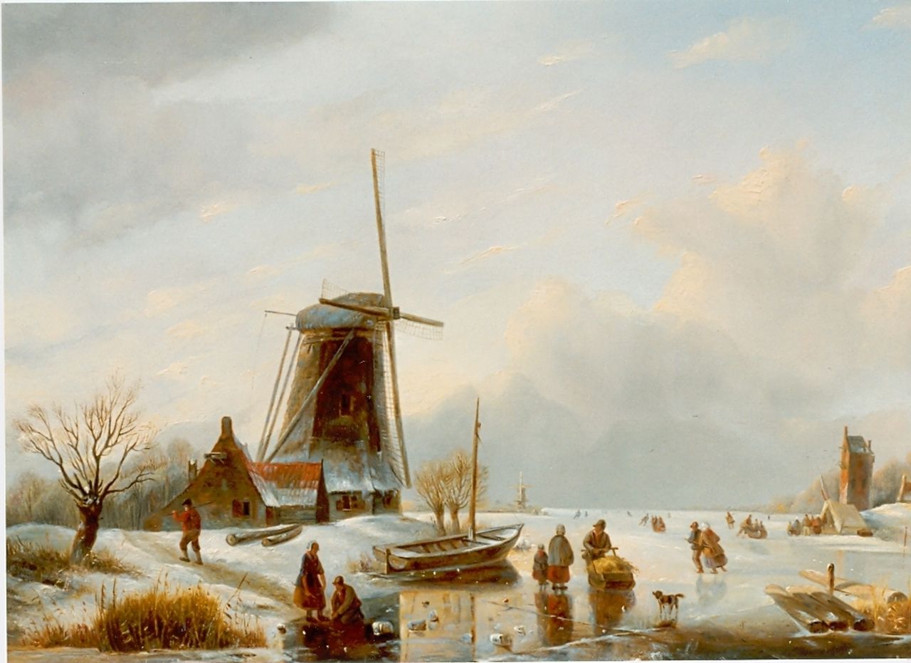 Parré M.  | Matthias Parré, A winter landscape with skaters on the ice, oil on panel 47.3 x 63.2 cm