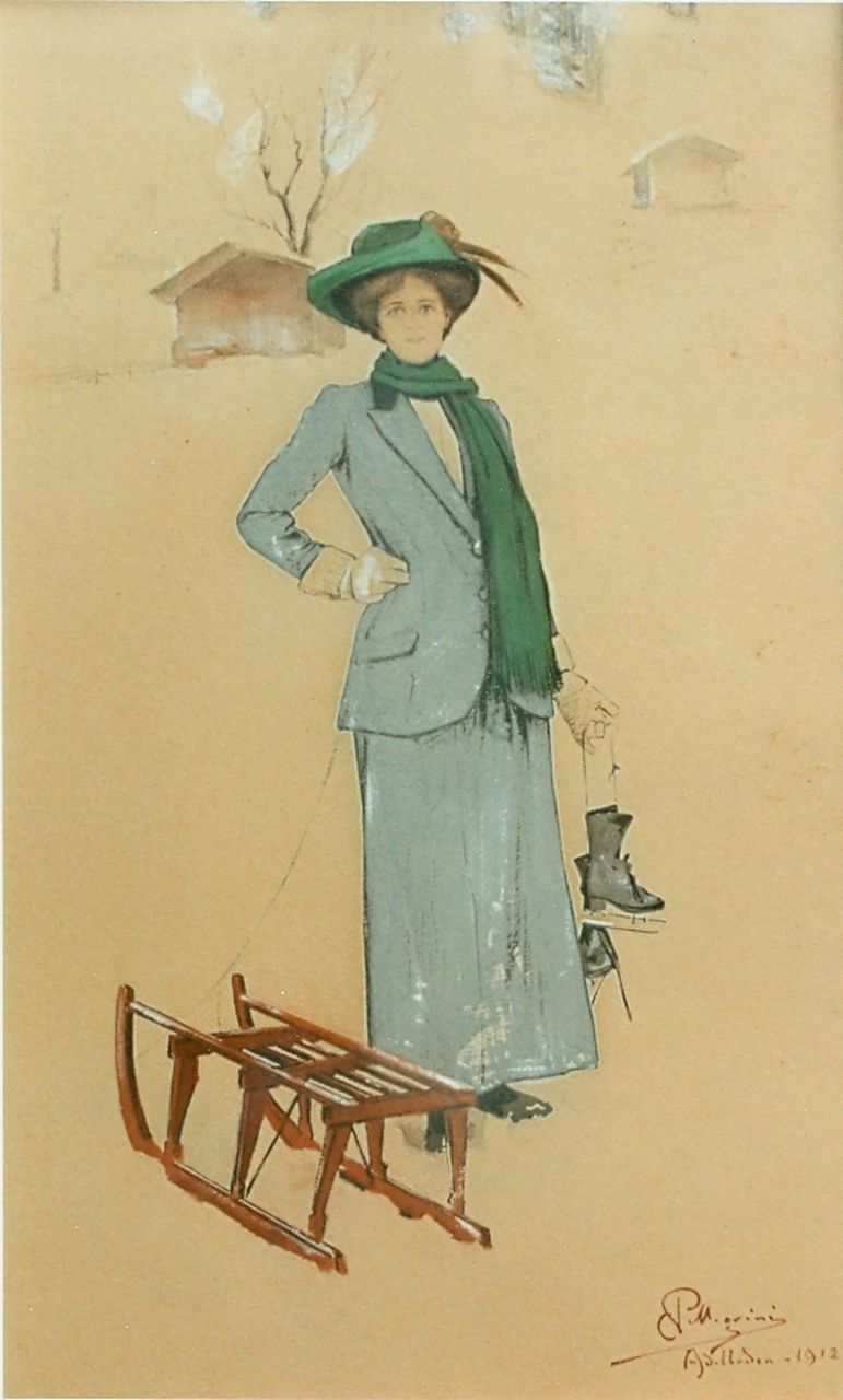 Pellegrini C.  | Carlo Pellegrini, Elegant young lady by a sled, watercolour on paper 39.0 x 24.6 cm, signed l.r.