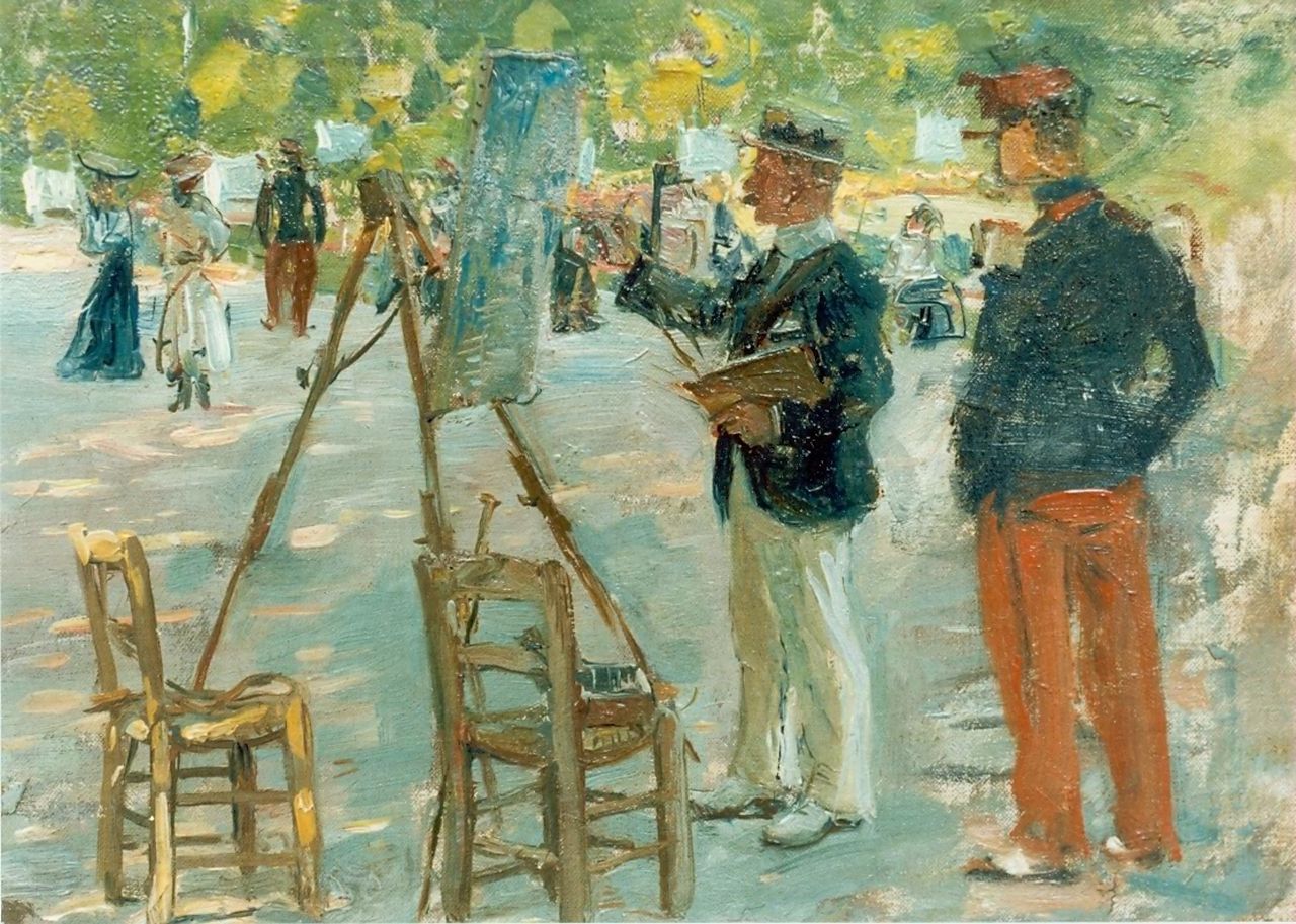 Hoynck van Papendrecht J.  | Jan Hoynck van Papendrecht, A painter 'en plein air', oil on canvas laid down on panel 21.8 x 29.6 cm