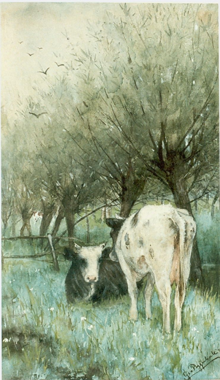 Poggenbeek G.J.H.  | George Jan Hendrik 'Geo' Poggenbeek, Cows in a meadow, watercolour on paper 37.0 x 22.0 cm, signed l.r. and dated '79