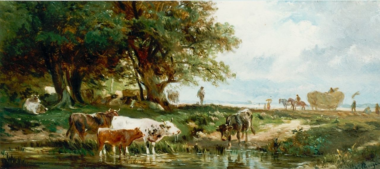 Prooijen A.J. van | Albert Jurardus van Prooijen, Watering cows, oil on panel 14.9 x 33.0 cm, signed l.r.