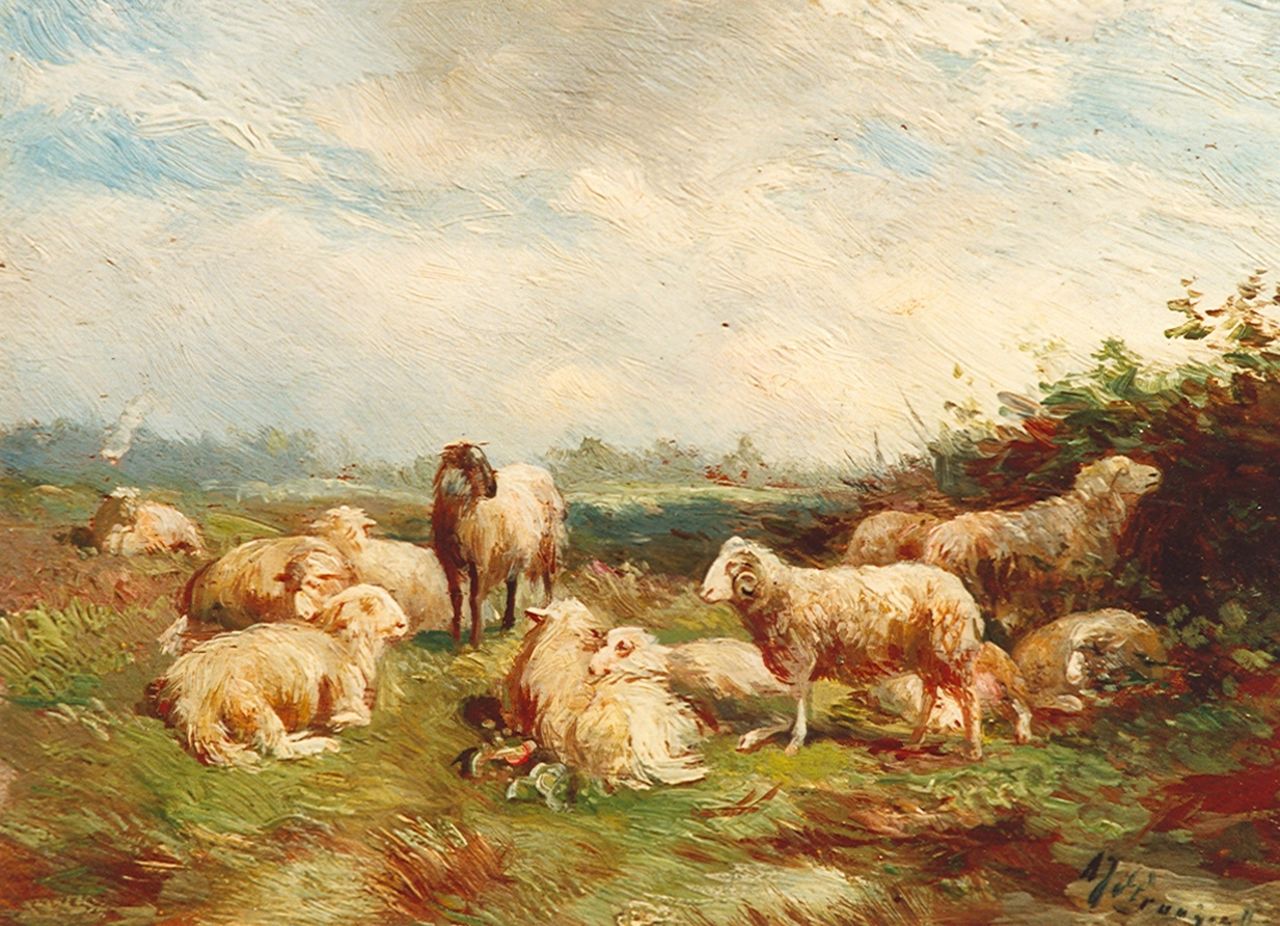 Prooijen A.J. van | Albert Jurardus van Prooijen, Sheep, oil on panel 14.4 x 20.6 cm, signed l.r.