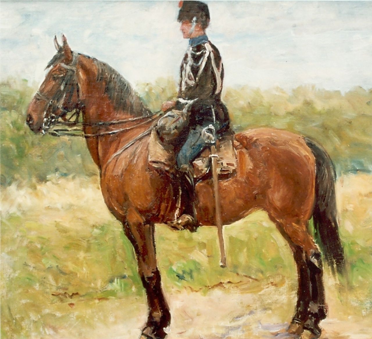 Hoynck van Papendrecht J.  | Jan Hoynck van Papendrecht, Cavalryman, oil on canvas laid down on panel 34.6 x 40.0 cm