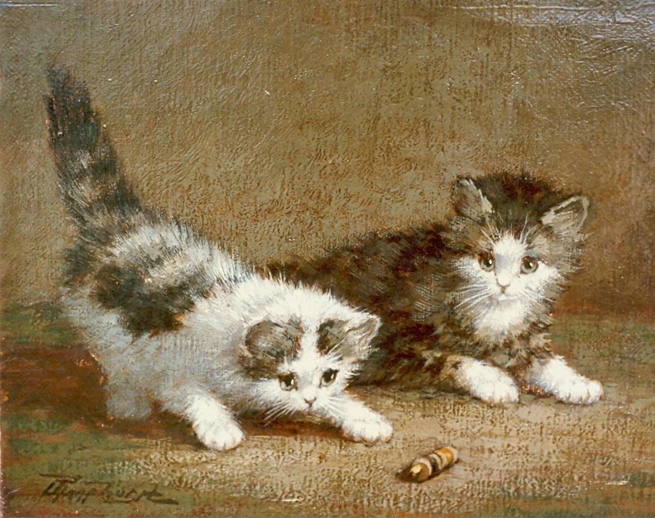 Raaphorst C.  | Cornelis Raaphorst, Kittens at play, oil on canvas 18.0 x 23.9 cm, signed l.l.