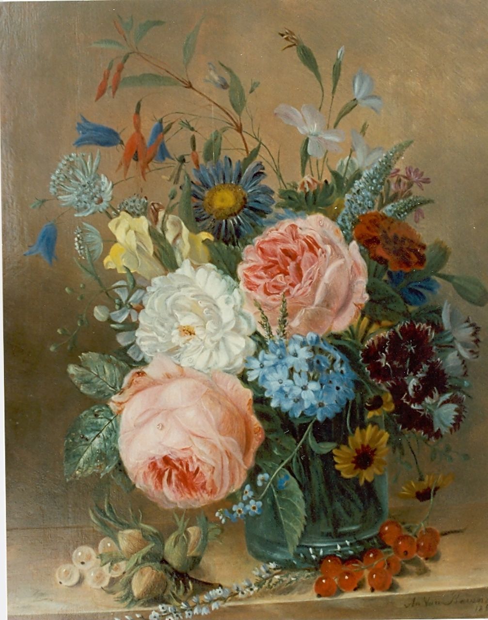 Ravenswaay A. van | Adriana van Ravenswaay, A flower still life, oil on panel 27.1 x 22.3 cm, signed l.r. and dated 1850