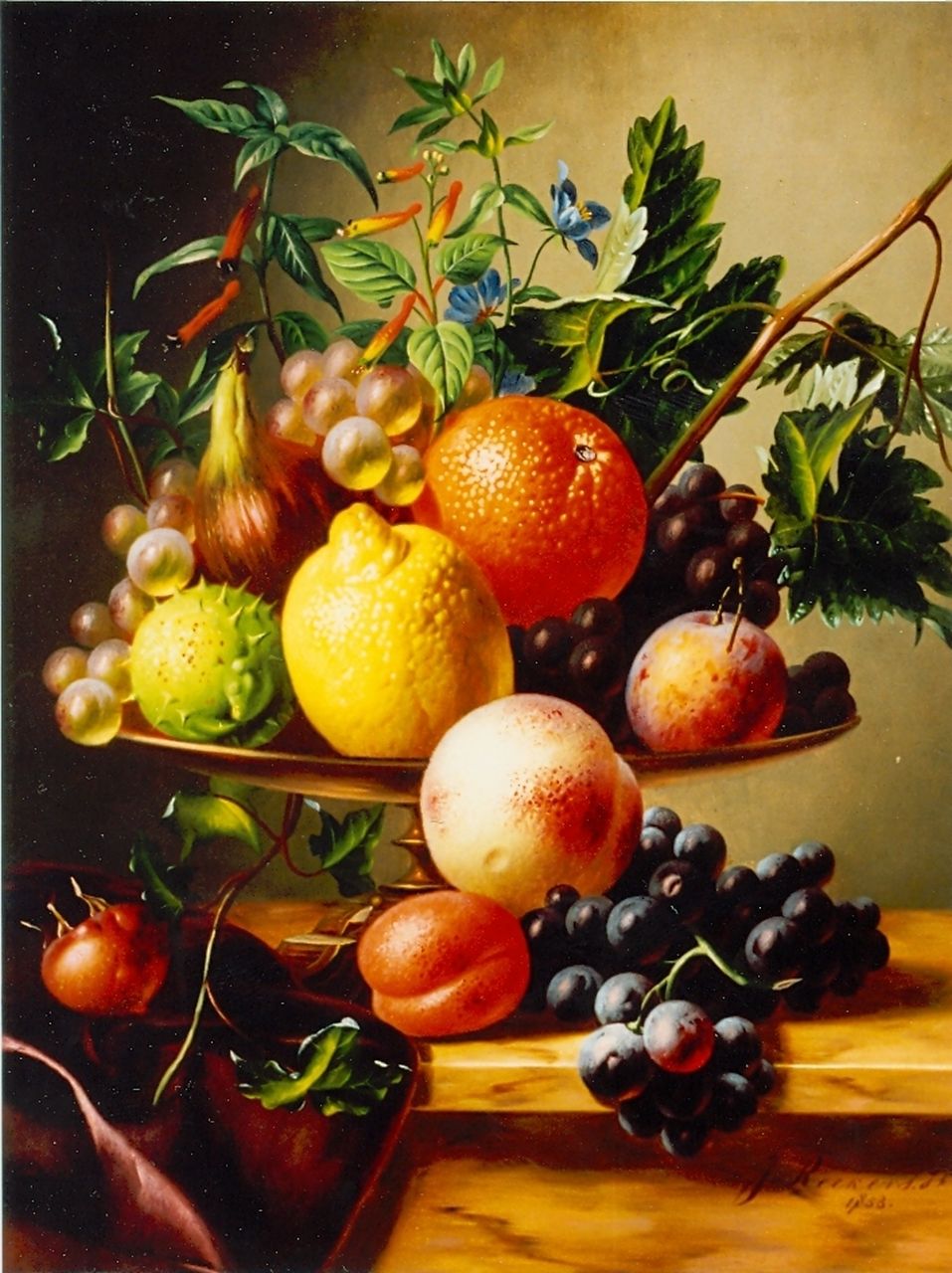 Reekers jr. Joh.  | Johannes Reekers jr., A still life with a lemon, peach and grapes, oil on panel 43.7 x 34.2 cm, signed l.r. and dated 1853