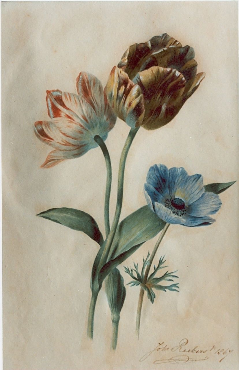 Reekers jr. Joh.  | Johannes Reekers jr., A flower still life, watercolour on paper 36.4 x 24.1 cm, signed l.r. and dated 1867