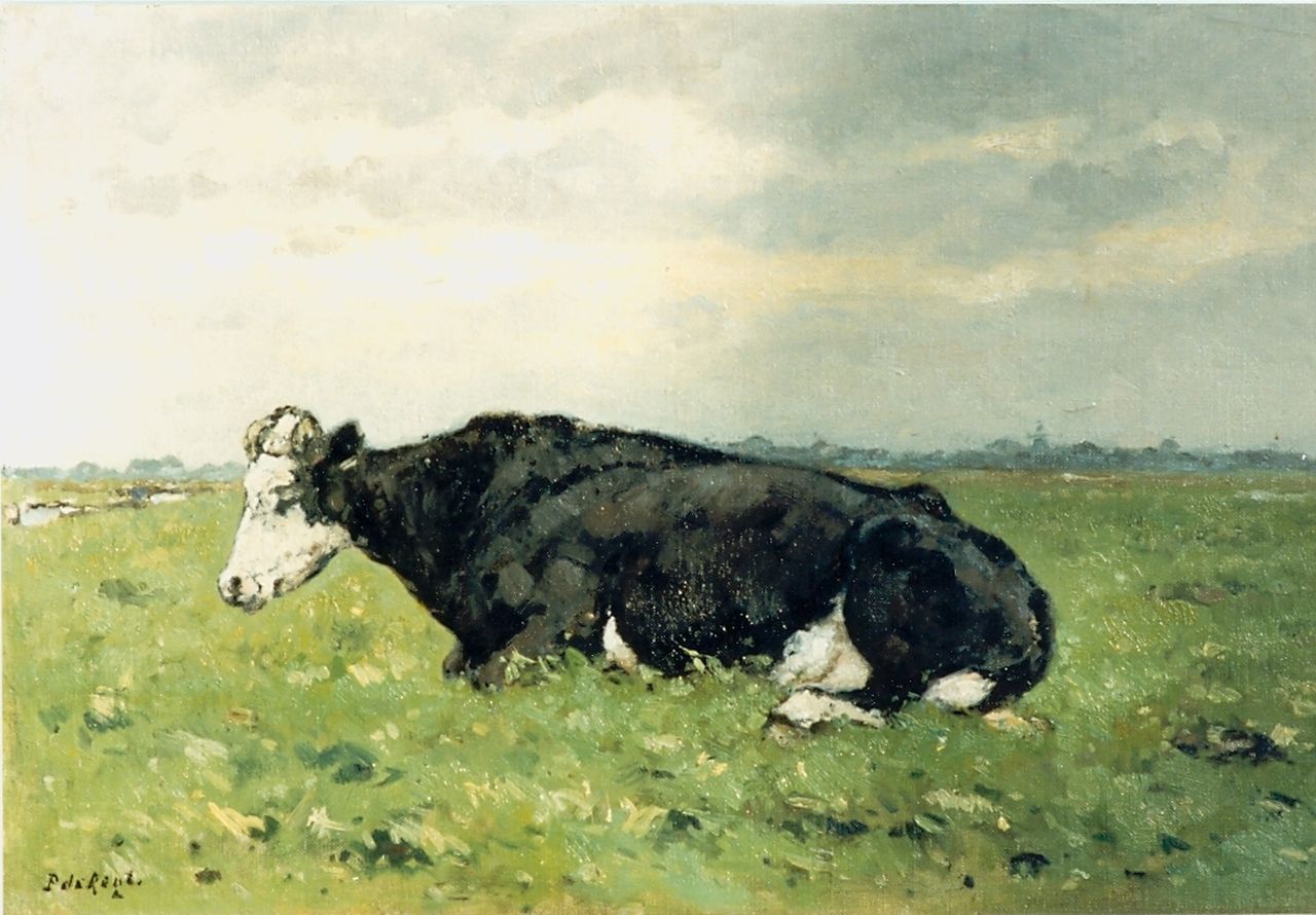 Regt P. de | Pieter 'Piet' de Regt, Cow in a meadow, oil on canvas laid down on panel 40.5 x 60.1 cm, signed l.l.