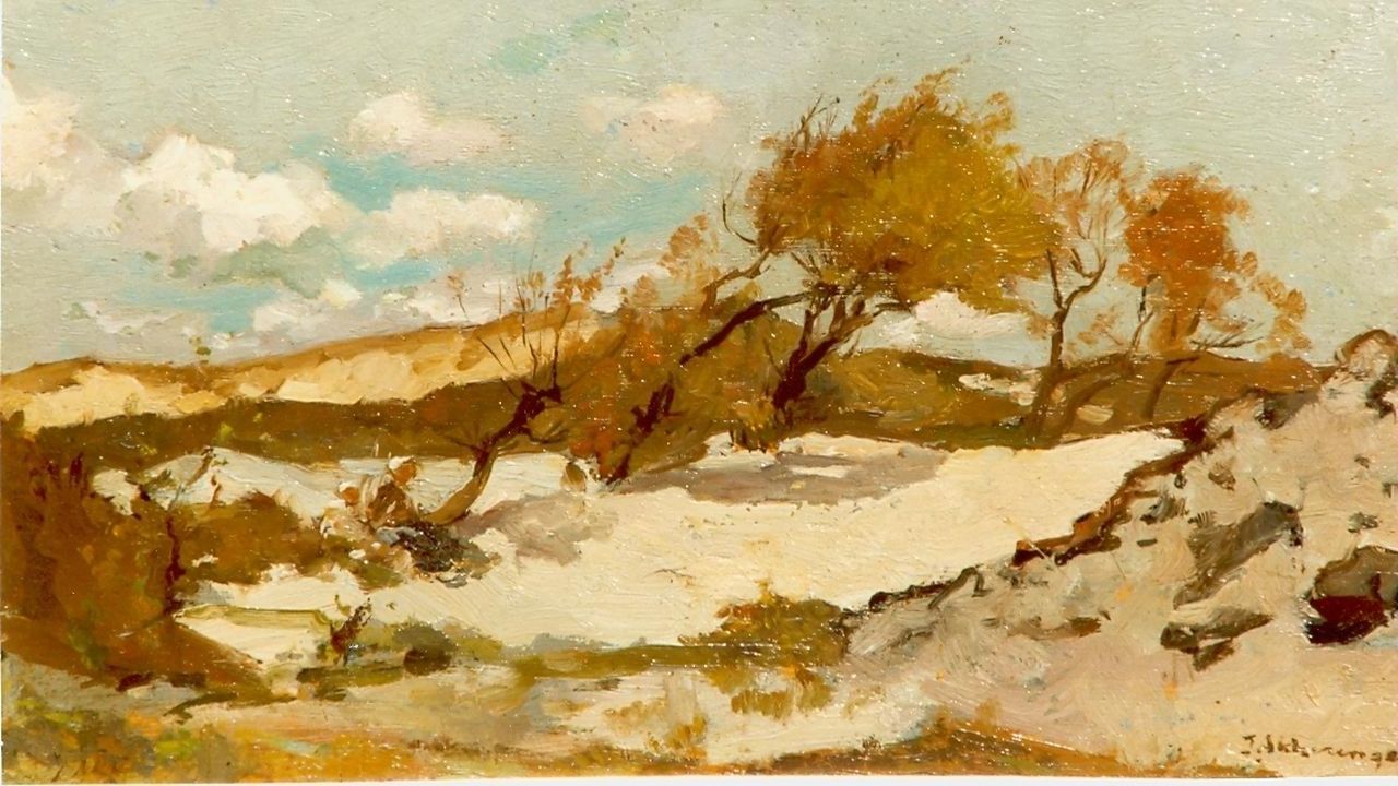 Akkeringa J.E.H.  | 'Johannes Evert' Hendrik Akkeringa, Behind the dunes, oil on canvas 13.0 x 20.0 cm, signed l.r.