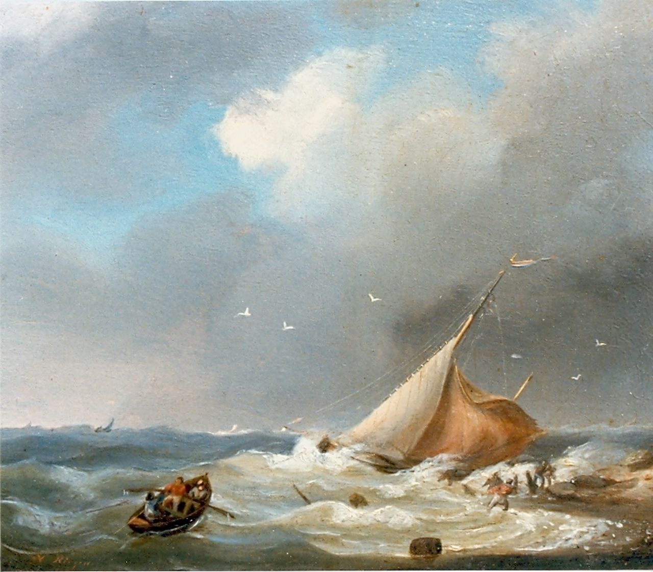 Riegen N.  | Nicolaas Riegen, A sailing vessel in distress, oil on panel 12.4 x 15.2 cm, signed l.l. and dated 1846