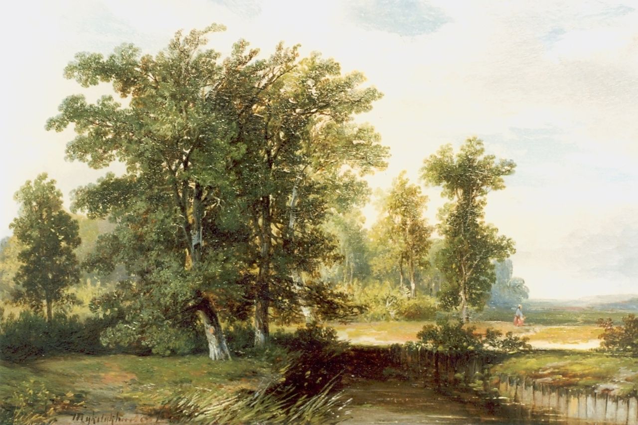 Rijkelijkhuysen H.J.H.  | Hermanus Jan Hendrik Rijkelijkhuysen, A wooded landscape, oil on panel 28.2 x 42.0 cm, signed l.l.