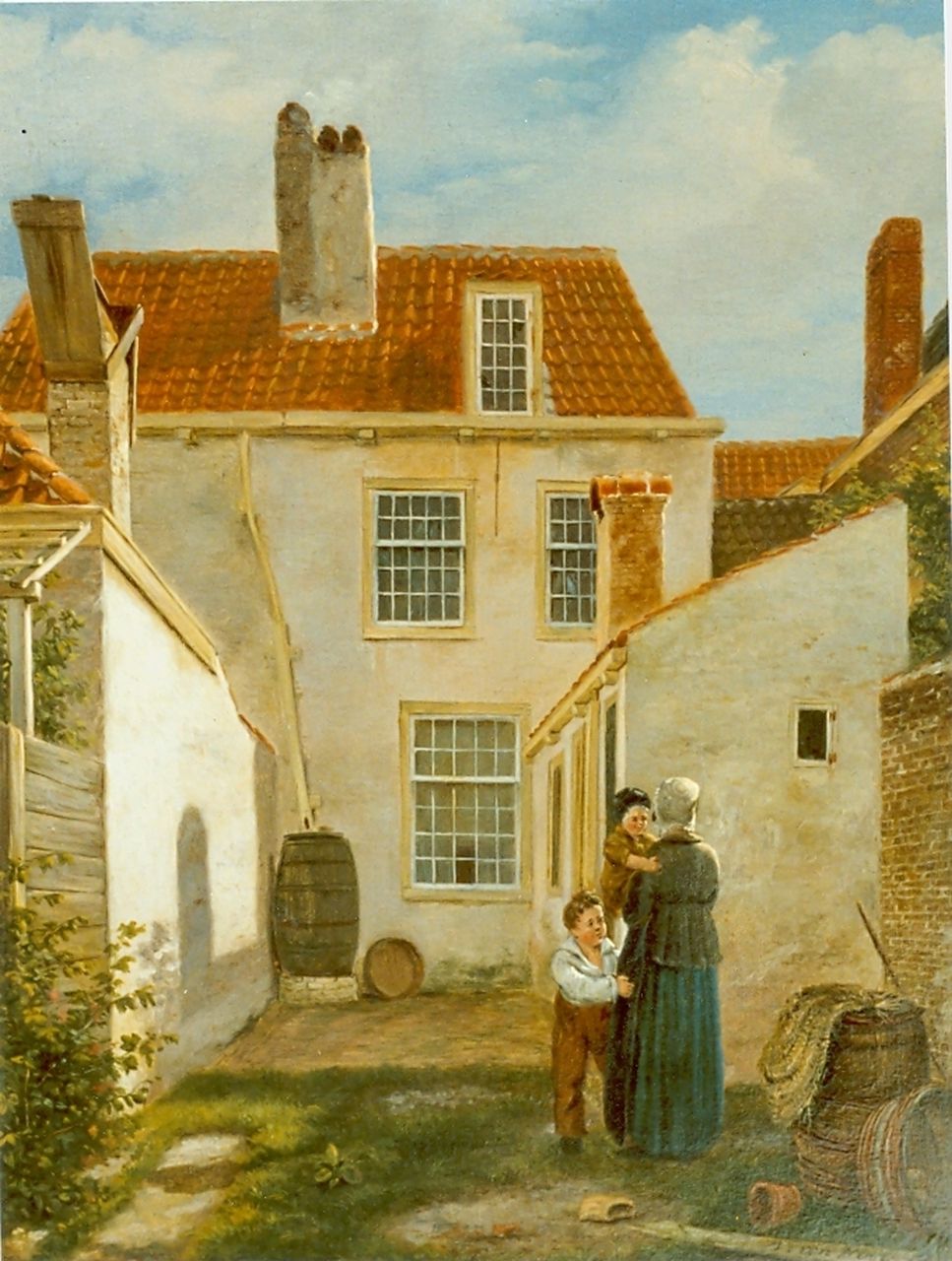 Hove B.J. van | Bartholomeus Johannes 'Bart' van Hove, Mother with two children in a court yard, oil on panel 29.0 x 23.0 cm, signed l.r.