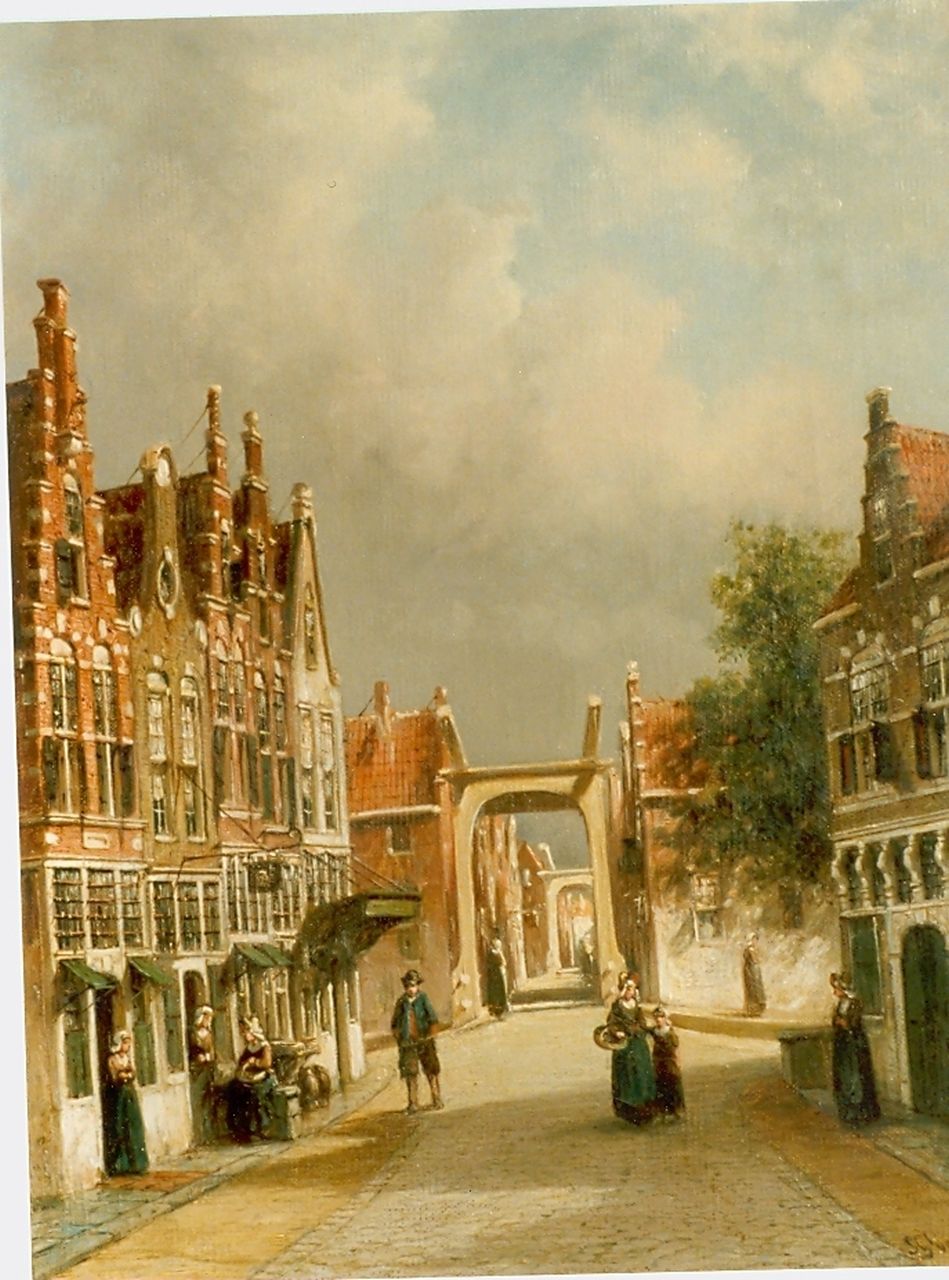 Vertin P.G.  | Petrus Gerardus Vertin, A sunlit Dutch town, oil on canvas 44.1 x 34.4 cm, signed l.r. and dated '88