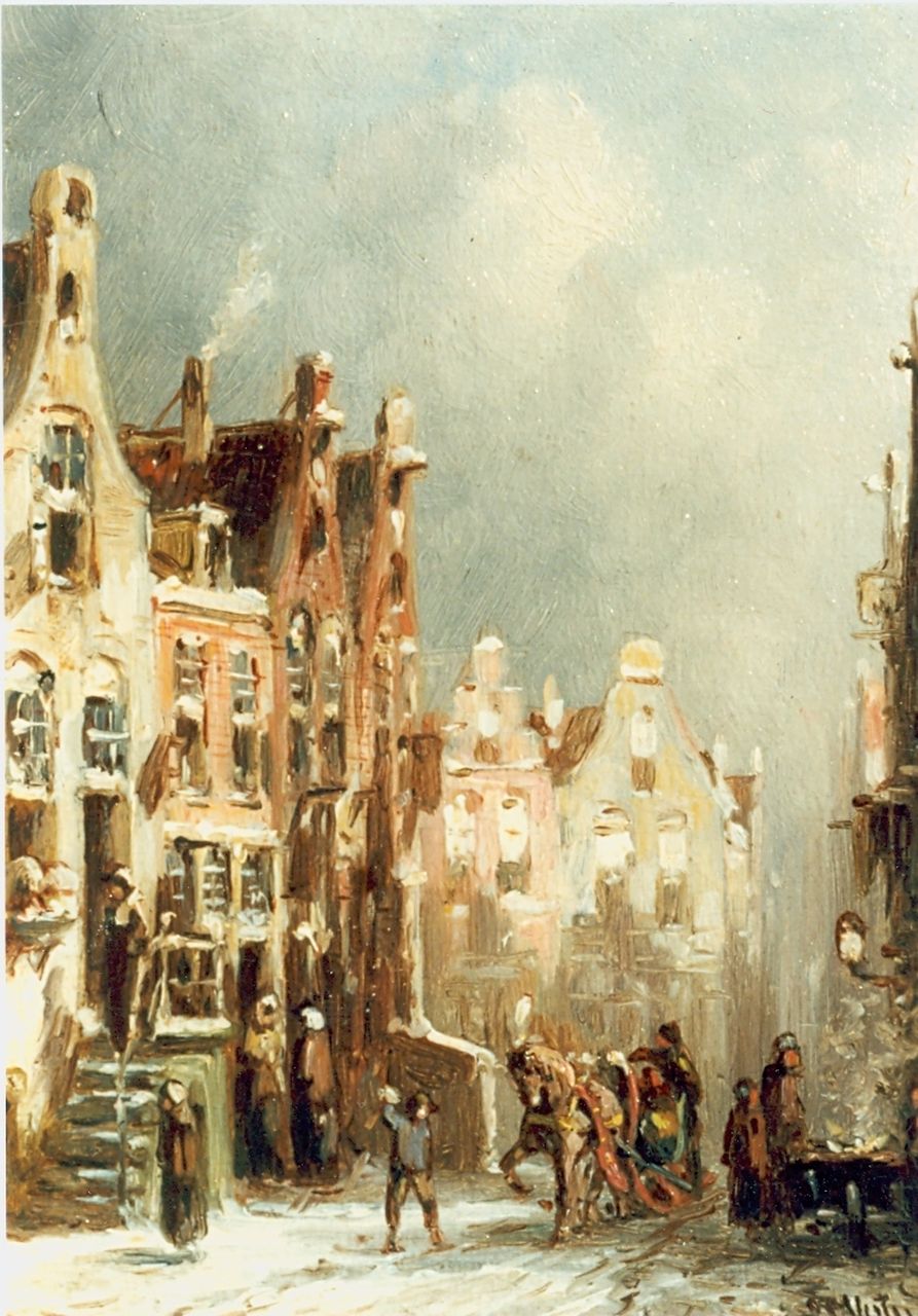 Vertin P.G.  | Petrus Gerardus Vertin, A snow-covered Dutch town, oil on panel 13.2 x 8.0 cm, signed l.r. and dated '88